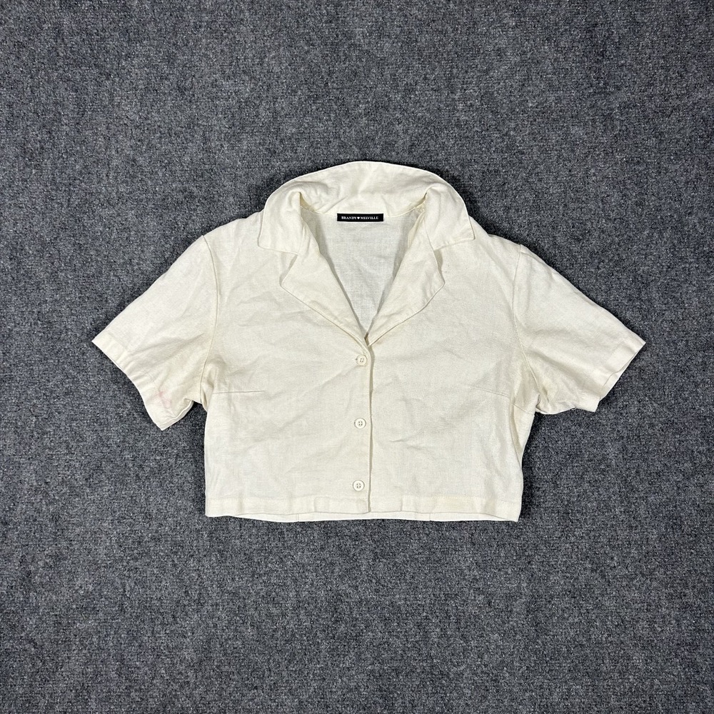 Brandy Melville Womens Medium Beige Cropped Collared Linen Cotton Top #3105